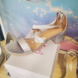 Silver satin chunky low heel open toe heels